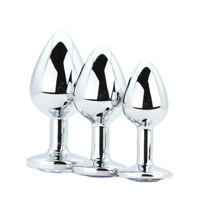Toosh Metal Butt Plug Silver Set of 3 Clear Stone