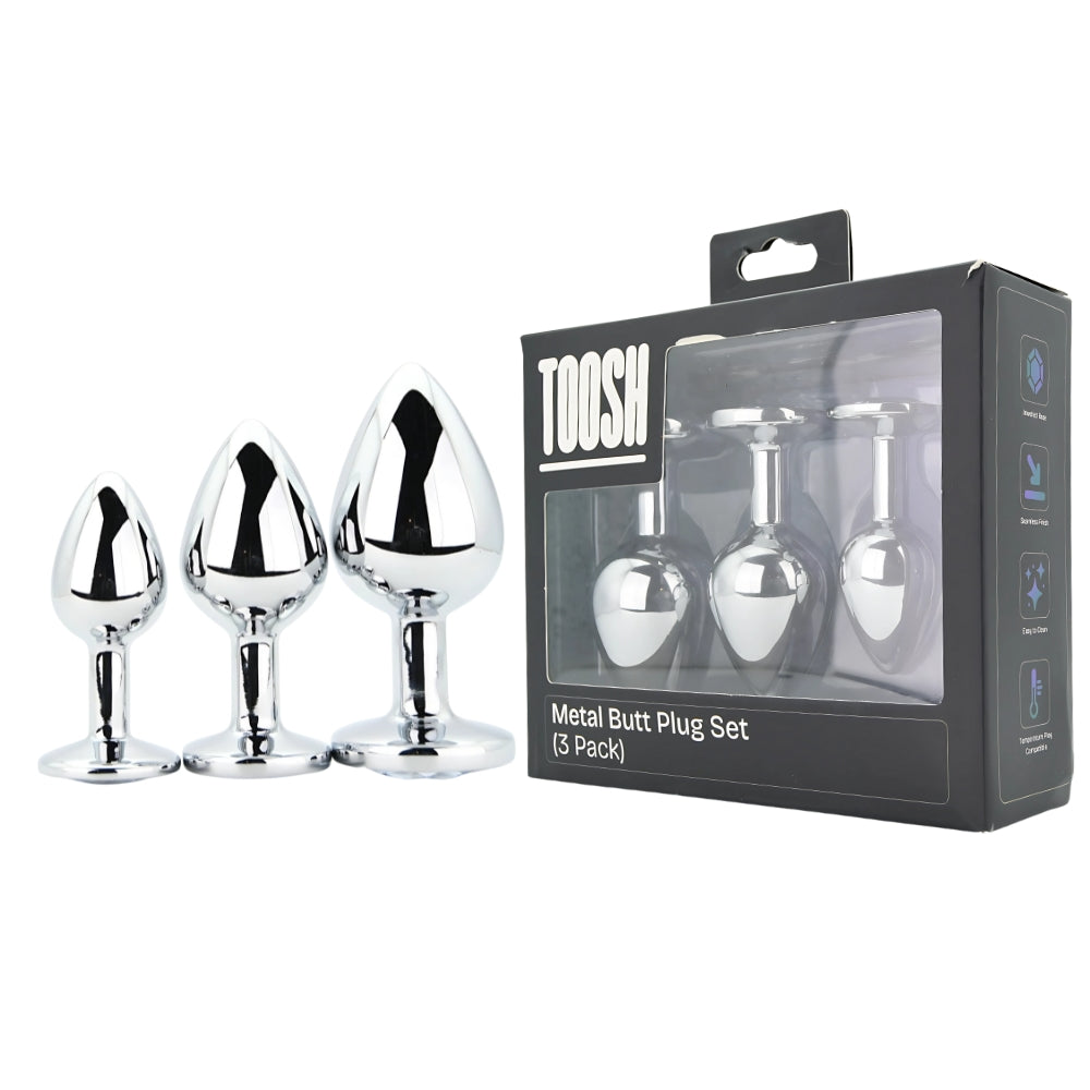 Toosh Metal Butt Plug Silver Set of 3 Clear Stone