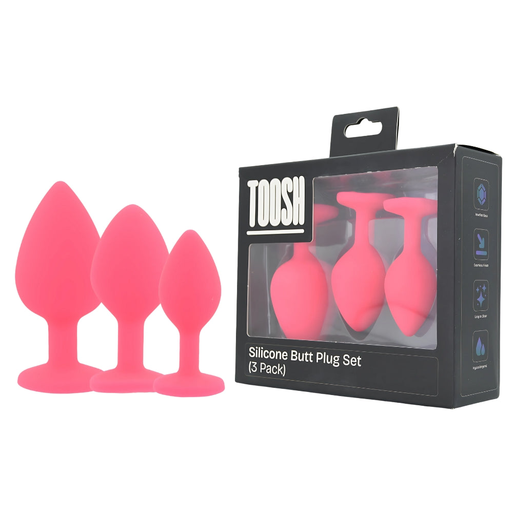 Toosh Silicone Butt Plug Pink Set of 3 Clear Stone