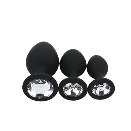 Toosh Silicone Butt Plug Black Set of 3 Clear Stone