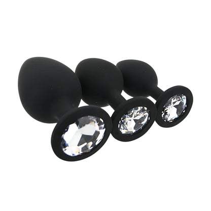 Toosh Silicone Butt Plug Black Set of 3 Clear Stone