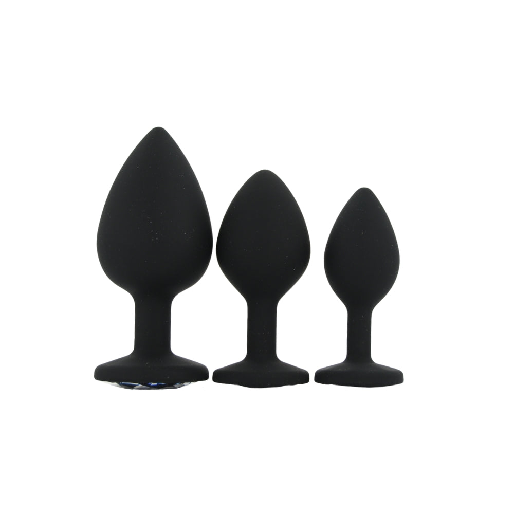 Toosh Silicone Butt Plug Black Set of 3 Clear Stone