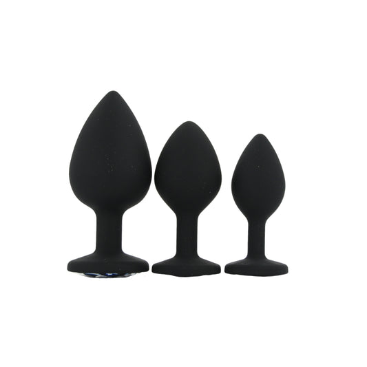 Toosh Silicone Butt Plug Black Set of 3 Clear Stone